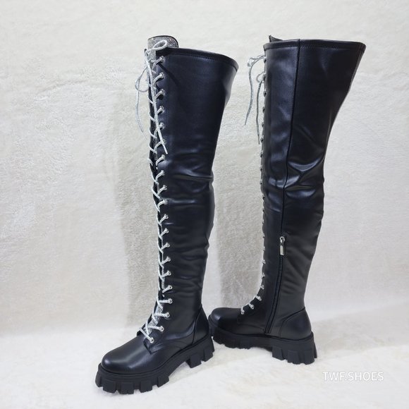 Roscoe Black Combat Thigh High Boots Iridescent Rhinestone Tongue Metallic Laces - Picture 5 of 14